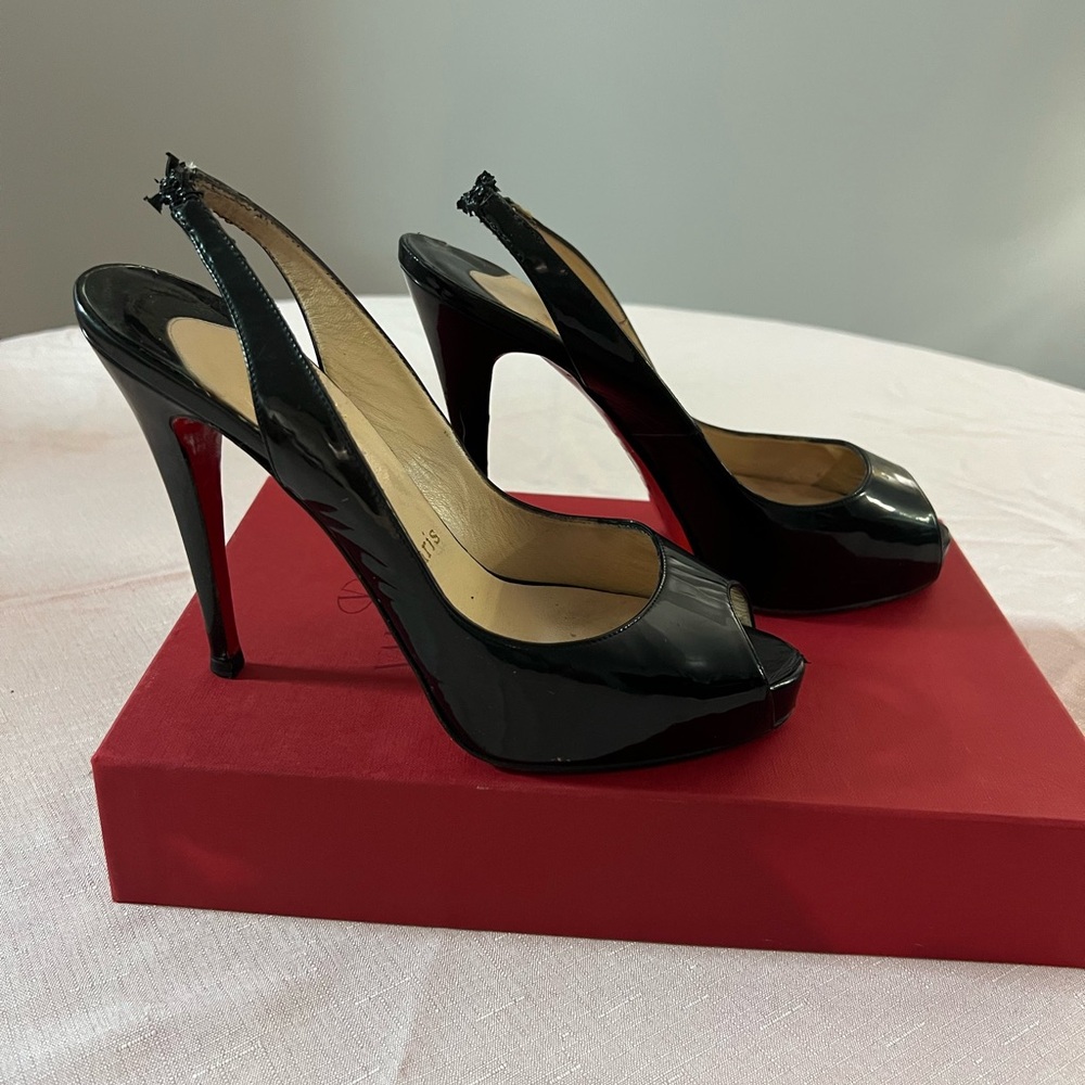 Christian Louboutin Glossy Black Peep-Toe Heels - Picture 2 of 11